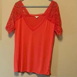 POL Coral Lace Short Sleeve V-Neck Blouse